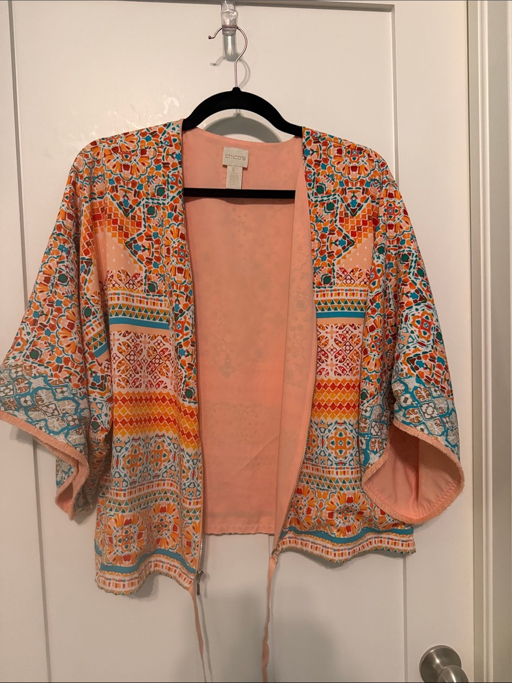 Chico's Peach and Teal Tile-Print Zip Front Cropped Jacket Blouse - Picture 9 of 11